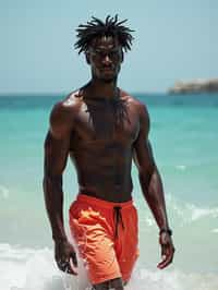 man in  swim shorts} in sea water on the beach, wet hair