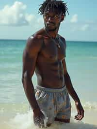 man in  swim shorts} in sea water on the beach, wet hair