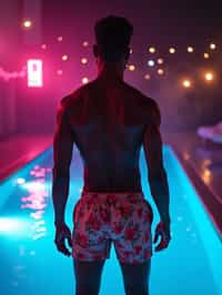 man , fit body in floral silk  swim shorts and shirtless at pool party with neon lights