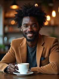 man in a trendy café, holding a freshly brewed cup of coffee