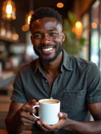 man in a trendy café, holding a freshly brewed cup of coffee