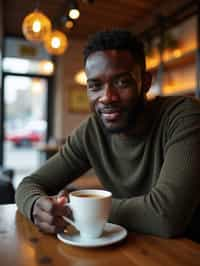 man in a trendy café, holding a freshly brewed cup of coffee