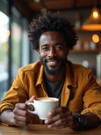 man in a trendy café, holding a freshly brewed cup of coffee