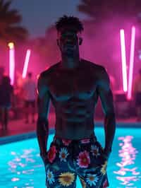 man , fit body in floral silk  swim shorts and shirtless at pool party with neon lights