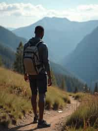 man on a hiking trail, overlooking a breathtaking mountain landscape