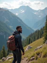 man on a hiking trail, overlooking a breathtaking mountain landscape