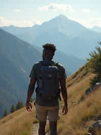 man on a hiking trail, overlooking a breathtaking mountain landscape