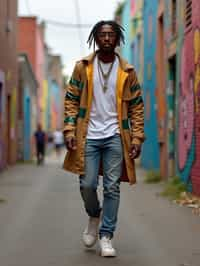 man wearing a trendy outfit, walking down a street lined with colorful murals