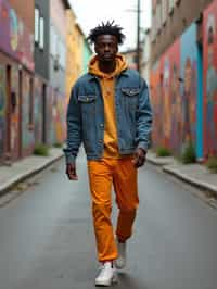 man wearing a trendy outfit, walking down a street lined with colorful murals