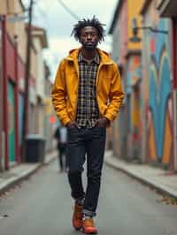 man wearing a trendy outfit, walking down a street lined with colorful murals