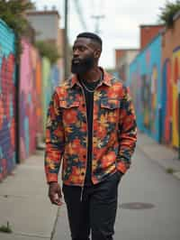 man wearing a trendy outfit, walking down a street lined with colorful murals