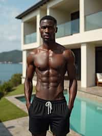 man  wearing  , , fit body very man, in front of luxury villa,  black shorts, sexy, beautiful, man