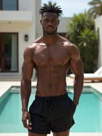 man  wearing  , , fit body very man, in front of luxury villa,  black shorts, sexy, beautiful, man