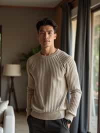 a man wearing knitted sweater) in luxury villa living room, instagram photo, instagram,  fit body