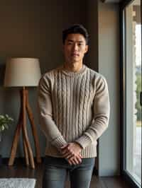 a man wearing knitted sweater) in luxury villa living room, instagram photo, instagram,  fit body