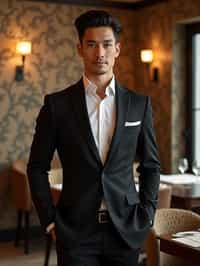 a man wearing  luxurious suit in luxury restaurant, instagram photo, instagram,  fit body