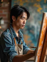 a man as artistic painter in  art studio with wooden easel and paint