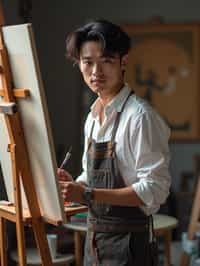 a man as artistic painter in  art studio with wooden easel and paint