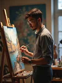 a man as artistic painter in  art studio with wooden easel and paint