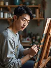 a man as artistic painter in  art studio with wooden easel and paint