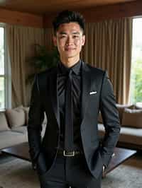 a man wearing  black suit in luxury villa living room, instagram photo, instagram,  fit body