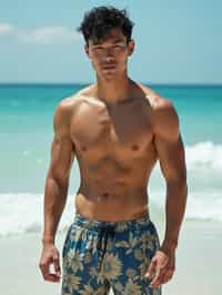 man in  swim shorts} in sea water on the beach, wet hair