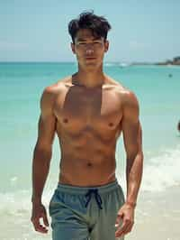 man in  swim shorts} in sea water on the beach, wet hair