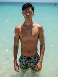 man in  swim shorts} in sea water on the beach, wet hair