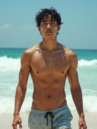 man in  swim shorts} in sea water on the beach, wet hair