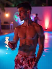 man , fit body in floral silk  swim shorts and shirtless at pool party with neon lights