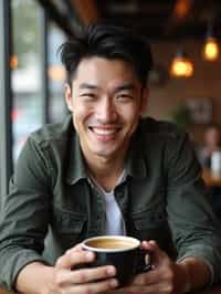 man in a trendy café, holding a freshly brewed cup of coffee