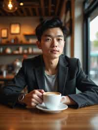 man in a trendy café, holding a freshly brewed cup of coffee