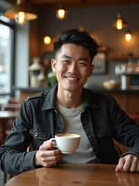 man in a trendy café, holding a freshly brewed cup of coffee