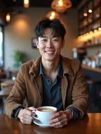 man in a trendy café, holding a freshly brewed cup of coffee