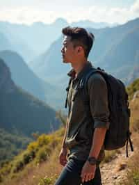 man on a hiking trail, overlooking a breathtaking mountain landscape