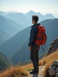 man on a hiking trail, overlooking a breathtaking mountain landscape