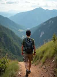 man on a hiking trail, overlooking a breathtaking mountain landscape