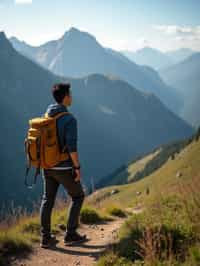 man on a hiking trail, overlooking a breathtaking mountain landscape