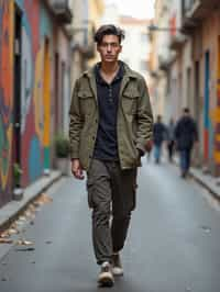 man wearing a trendy outfit, walking down a street lined with colorful murals