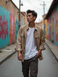 man wearing a trendy outfit, walking down a street lined with colorful murals