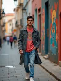 man wearing a trendy outfit, walking down a street lined with colorful murals