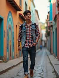 man wearing a trendy outfit, walking down a street lined with colorful murals