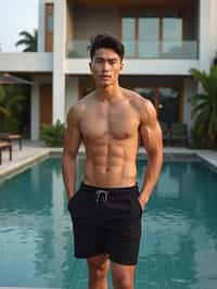 man  wearing  , , fit body very man, in front of luxury villa,  black shorts, sexy, beautiful, man