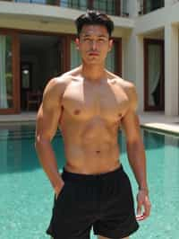 man  wearing  , , fit body very man, in front of luxury villa,  black shorts, sexy, beautiful, man