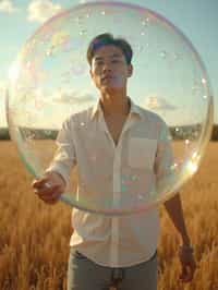 man holding a giant soap bubble in a sunlit field