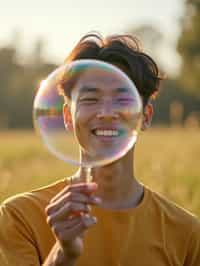 man holding a giant soap bubble in a sunlit field