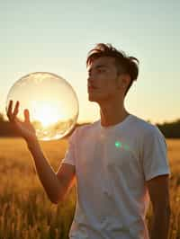 man holding a giant soap bubble in a sunlit field