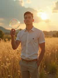 man holding a giant soap bubble in a sunlit field