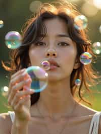 man blowing bubbles. all around her are floating bubbles. many bubbles floating. the bubbles reflect her face. she stands in a sunlit field.