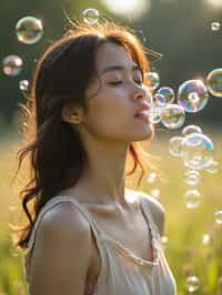 man blowing bubbles. all around her are floating bubbles. many bubbles floating. the bubbles reflect her face. she stands in a sunlit field.